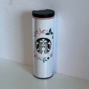 Starbucks Holiday Tall White Pink Doves Insulated Travel Tumbler Cup 16 oz w/Lid